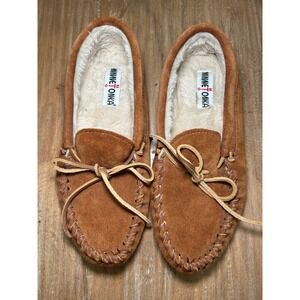 Minnetonka Mens Suede Leather Softsole Moccasin Slippers Tan Brown 763 Size 11